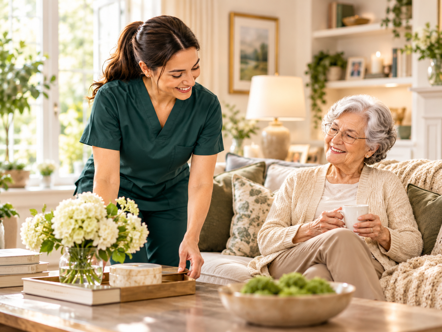 A welcoming, tidy living room in a home-care setting