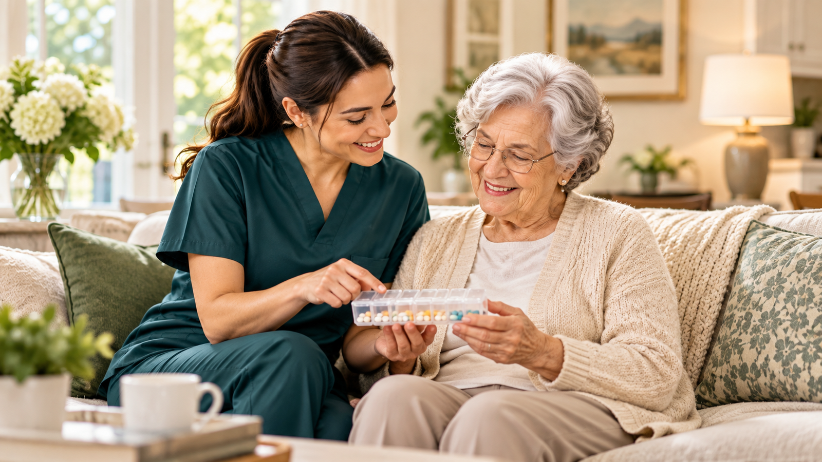 Caregiver gently assisting an older adult with her established daily routine